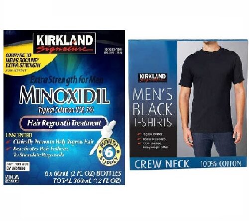 Kirkland Minoxidil 5% Hair Regrowth 6 Month Supply + Kirkland Signature 100% Cotton T-Shirt Combo