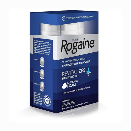 Front view of Rogaine Men's Foam Triple Pack showing three cans of foam.