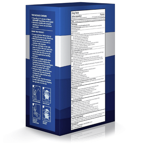 Ingredients list and instructions for use on the Rogaine Men's Foam packaging.