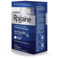 Rogaine Men's Foam Triple Pack displayed on a retail shelf, highlighting its availability.