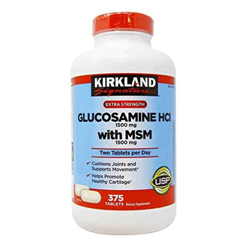 A bottle of Kirkland Signature Glucosamine with MSM, designed to support joint health and flexibility